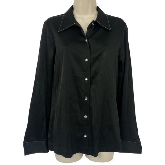 VTG Nicole Miller Stretch Satin Top 10 Large Black Crystal Button Glam Academia - Picture 1 of 13
